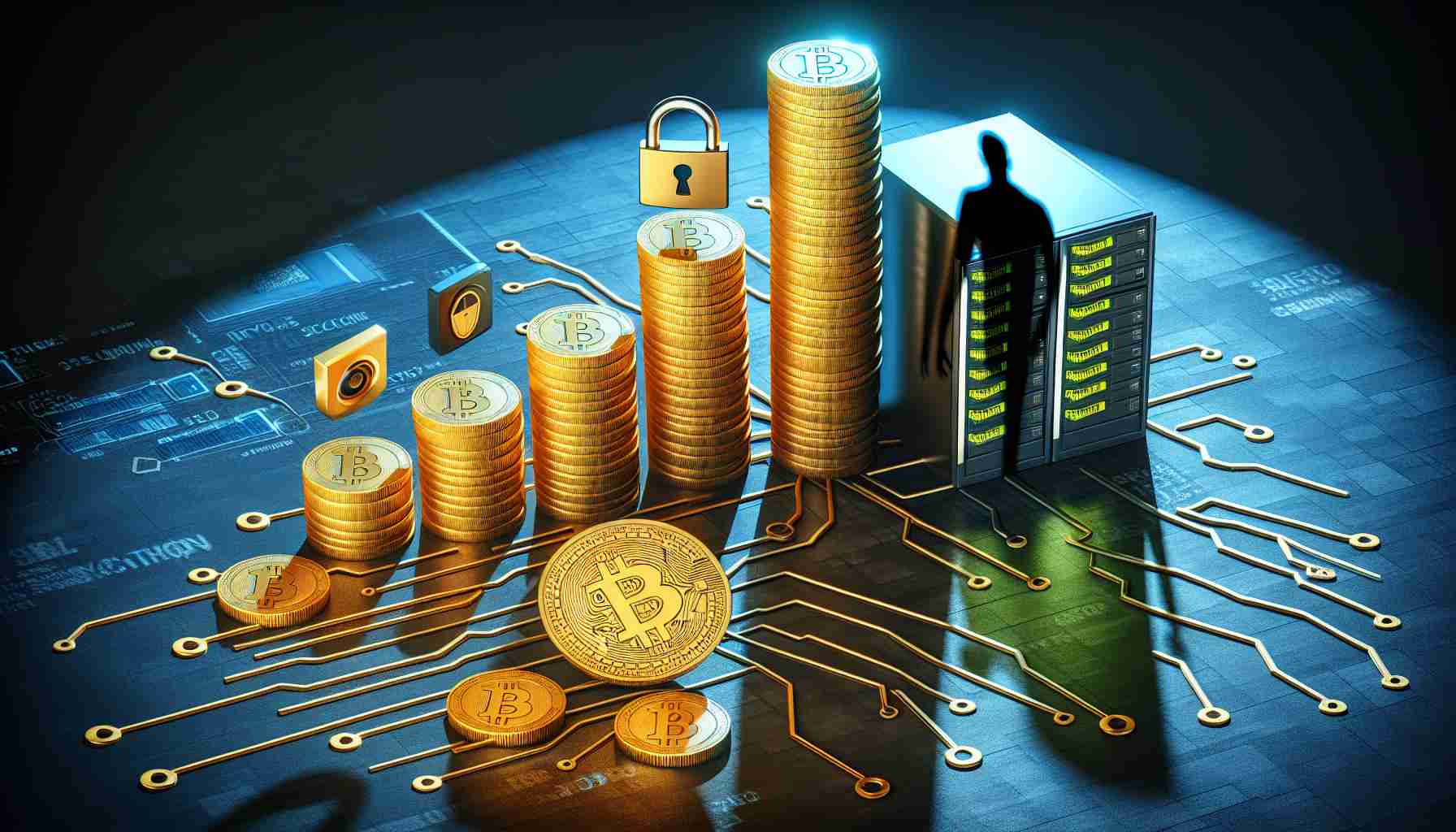 A realistic, high-definition image visualizing the growing menace of crypto security breaches. The visual should show symbolic elements representing cryptocurrency, such as physical golden coins bearing Bitcoin symbol and computer security symbols like padlocks, server racks, and firewall icons. Also show a growing, menacing shadow or figure looming over these symbols, portraying the increasing threat of security breaches. Remember to represent this in a somewhat abstract way, as we're dealing with digital concepts.