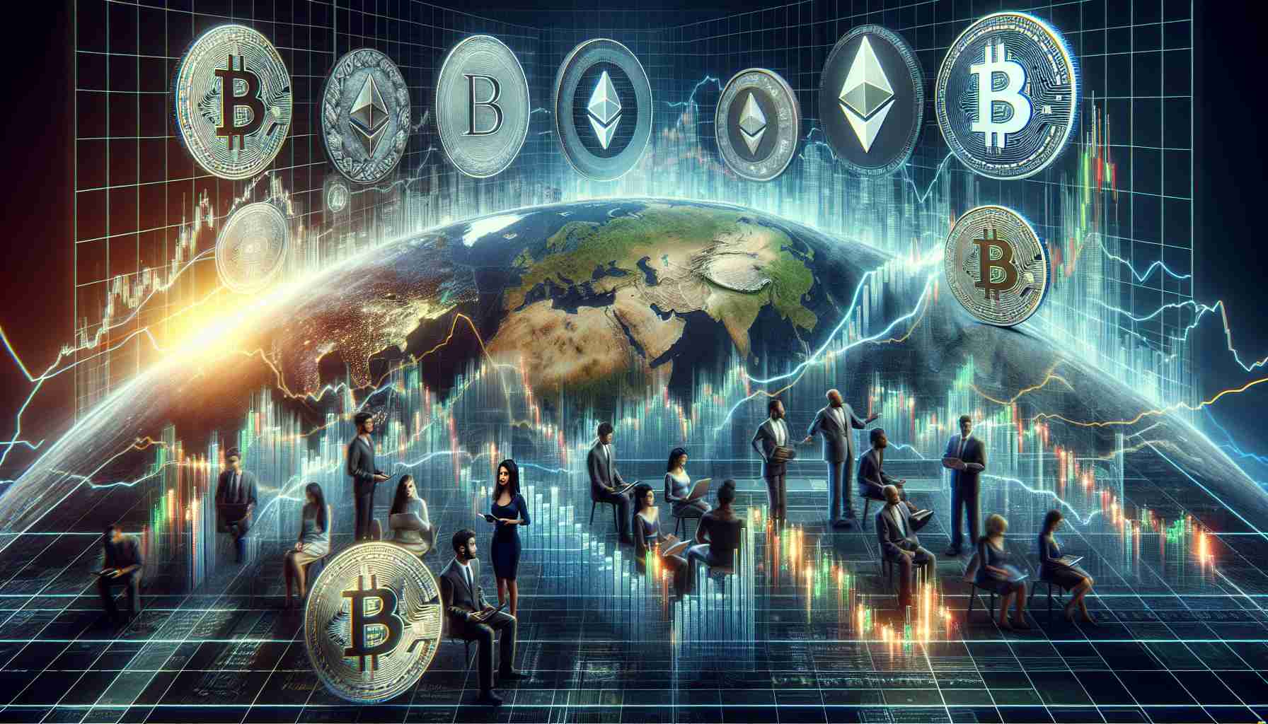 A high-definition, realistic image that showcases a varied spectrum of earnings in the realm of blockchain technology. The scene includes a visual representation of different cryptocurrencies such as Bitcoin, Ethereum, and others, rendered distinctly. It might include graphics showing rise and fall of these currencies over time and could also demonstrate how different individuals involved in the blockchain industry - a Hispanic woman who is a Blockchain Developer, a Caucasian man who is a Cryptocurrency Trader, a South Asian woman who is an Ethereum Miner, a Black man who is a Bitcoin Investor - are responding to this landscape of diverse potential earnings.