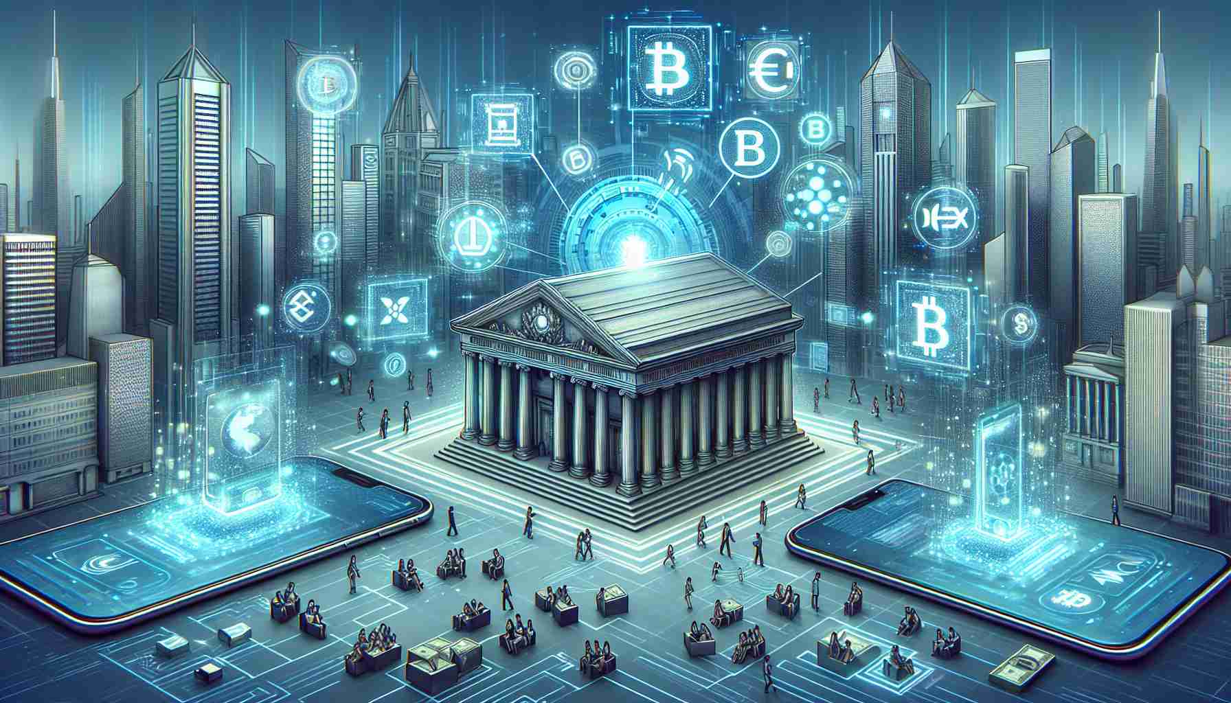 Realistic high definition illustration demonstrating the concept of Central Bank Digital Currencies emerging and being adopted within Fintech platforms. This could feature symbolic elements, such as a futuristic digital bank building in the center with various digital currencies represented as holographic symbols or icons rising from it. In the surrounding scene, depict an array of fintech application icons to represent the platforms that are adopting these currencies. It would be interesting to show a diverse group of people using these platforms on their smart devices, illustrating the wide-ranging demographics participating in this digital economy.