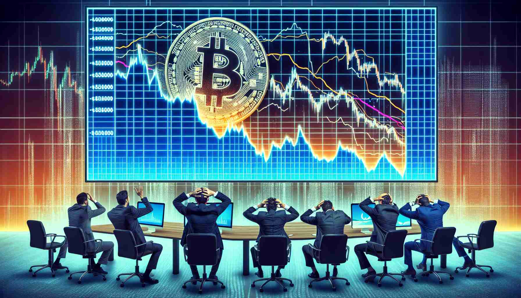 Create an ultra high-definition image representing the metaphorical impact of Bitcoin's price plunge on the overall cryptocurrency market. It should include panicked traders looking at screens displaying falling graphs and the Bitcoin symbol. Foreground should be dominated by a prominent plummeting line graph representing Bitcoin's dropping value, while the background shows a varying array of lesser-known cryptocurrency graphs following suit. Make the atmosphere tense, as if reflecting the shockwaves sent across the market.