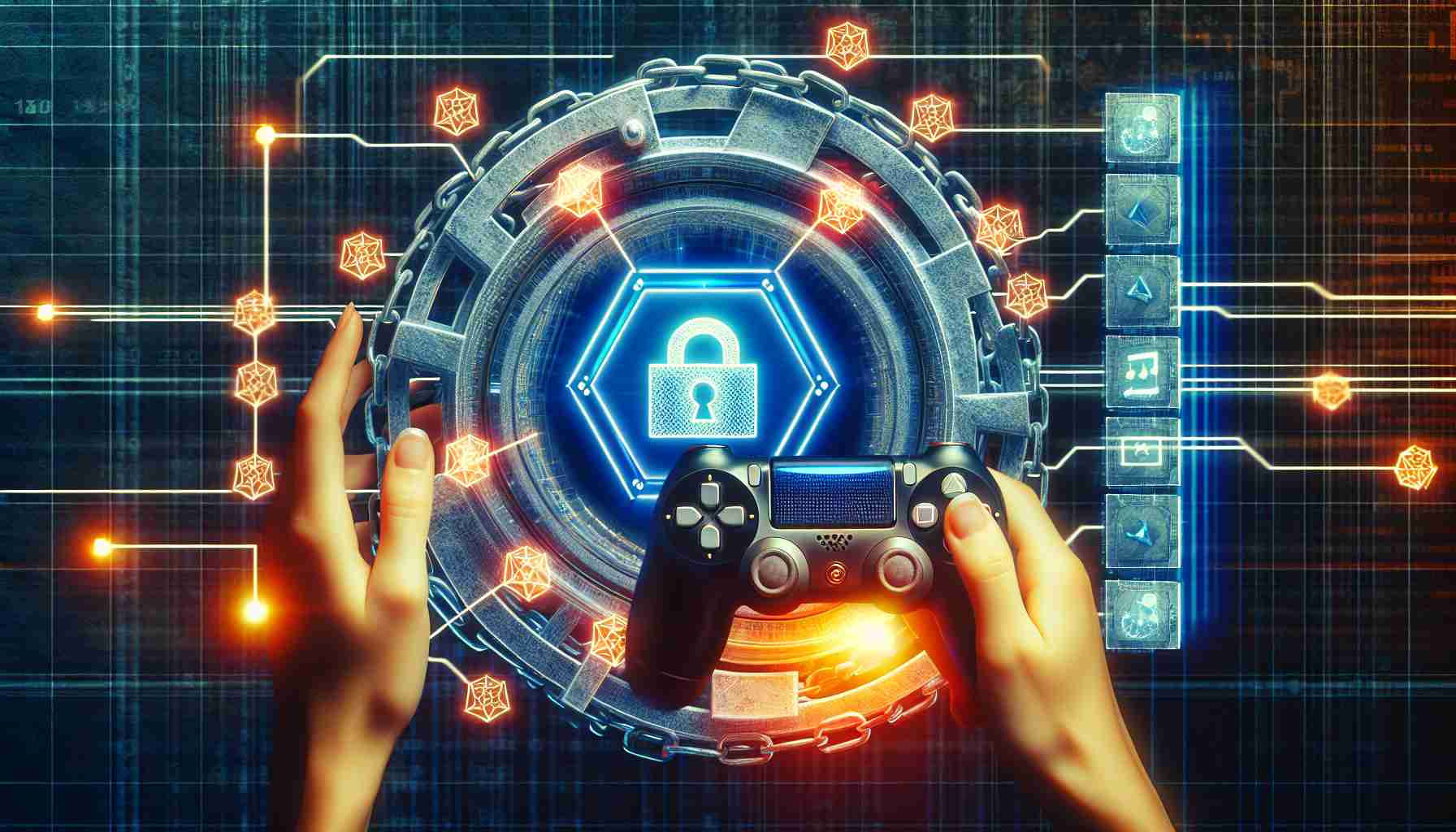 Generate a high-definition, realistic representation of the concept of revolutionizing digital gaming with Blockchain technology. Portray a digital game interface or a console, with evident elements of Blockchain, such as chains and blocks, or even a digital flowchart showing the process. Incorporate a futuristic tech-inspired aesthetic to insinuate the revolutionary aspect.