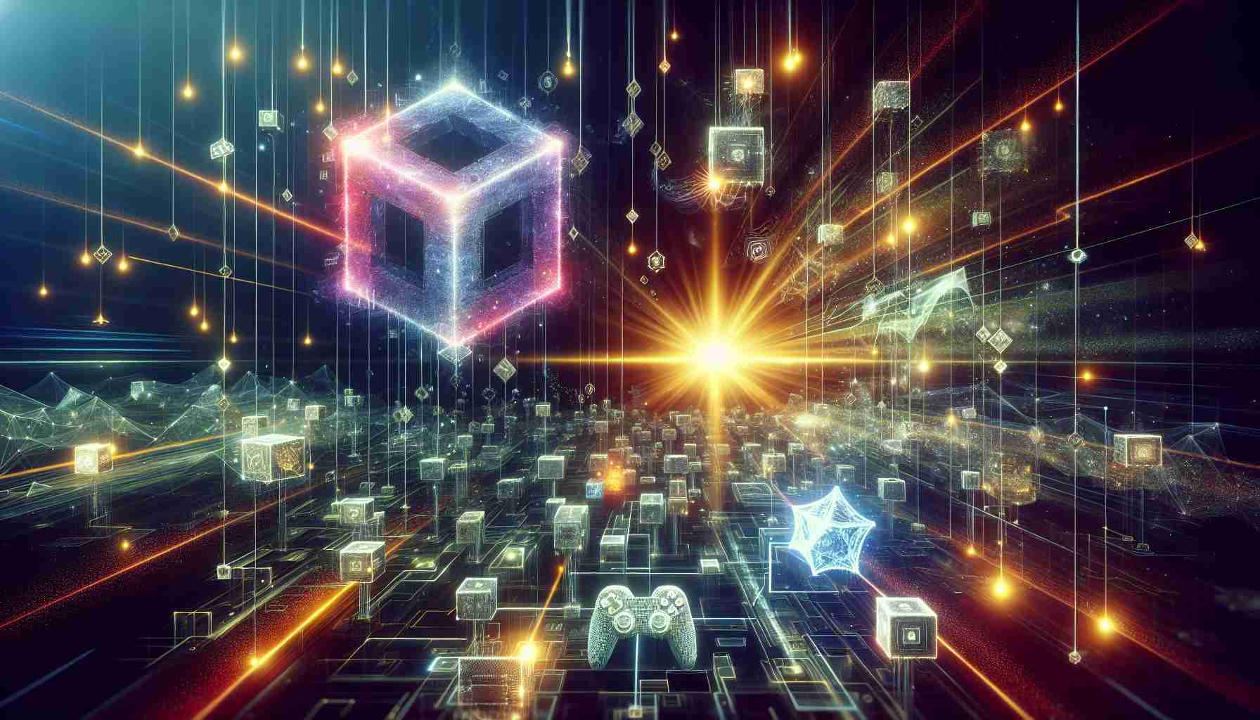 Generate an ultra high-definition image symbolizing the innovation brought upon by a new partnership in the Blockchain and Gaming industry. The image should include interconnected blocks, signifying blockchain, and gaming elements such as a console controller or a game character. The atmosphere should be futuristic and high-tech, with radiant beams of light, shimmering holograms, and complex digital networks. Please note that the image is meant to be symbolic and abstract, representing the concept of revolutionizing both industries through partnership.