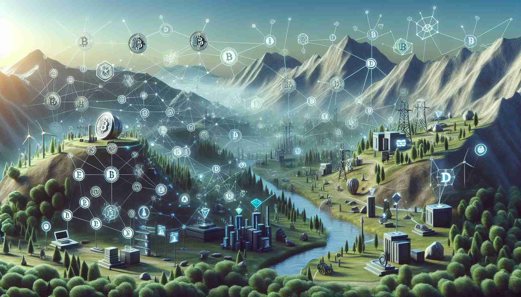 A highly detailed and realistic landscape showcasing different elements that represent the new frontiers of decentralized finance. The scenery depicts a futuristic financial ecosystem, encompassing various symbols of technology, finance, and decentralization such as blockchain nodes, digital currencies, peer-to-peer exchanges and smart contracts. Some elements are deliberately designed to resemble traditional banking symbols but are redesigned, portraying the transition from traditional finance to decentralized finance. The elements are organically integrated in a way that they appear natural within the landscape, showing how decentralized finance is seamlessly blending into our everyday lives.