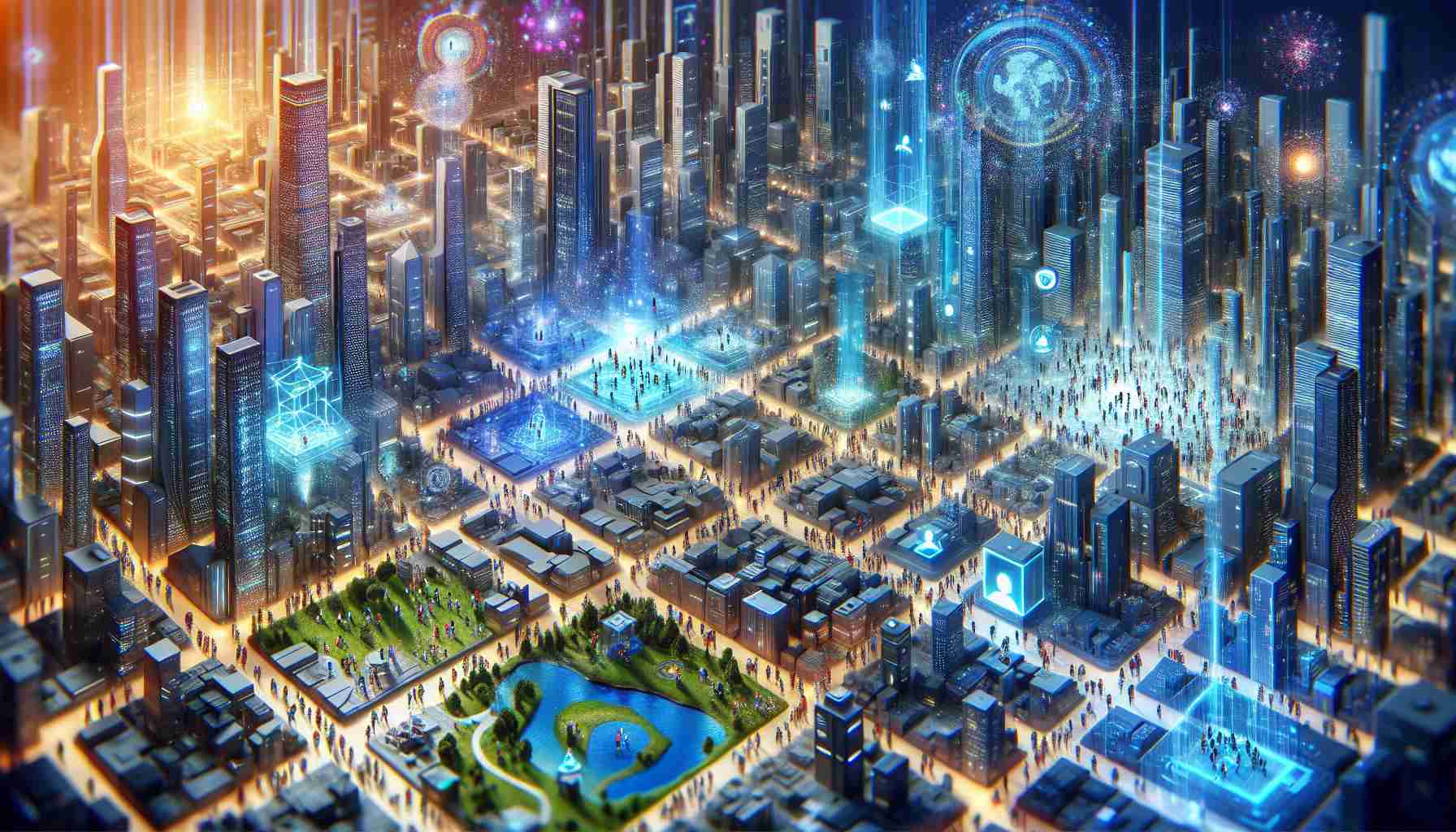 A vibrantly detailed, high-definition illustration of virtual real estate flourishing in the Metaverse. Imagine a futuristic cityscape with gleaming digital buildings differing in architecture, styles and functions, spotlighting the variety of properties available within the Metaverse. The scene showcases virtual land being bought, sold, and developed, with people of various descent and genders interacting, negotiating, and engaging in trade. Some are architects and engineers, designing the digital environments, while others are buyers scouting for the best deals. There might be distant figures projecting holograms of potential property designs into the air. The virtual property market is truly booming in this scenario.