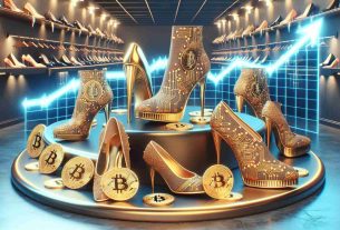 Create a high-definition, realistic illustration demonstrating the rising value of cryptocurrency, particularly Bitcoin, influencing a new trend in luxury footwear. Picture an array of opulent, extravagant shoes with designs inspired by the appearance of Bitcoins - display golden hues, circuit-like patterns, and digitally-influenced aesthetics. The scene should suggest a lavish boutique setting with shoes showcased elegantly implying the purchasing power of Bitcoin. There could be a visible graph in the background symbolizing the soaring value of Bitcoin.