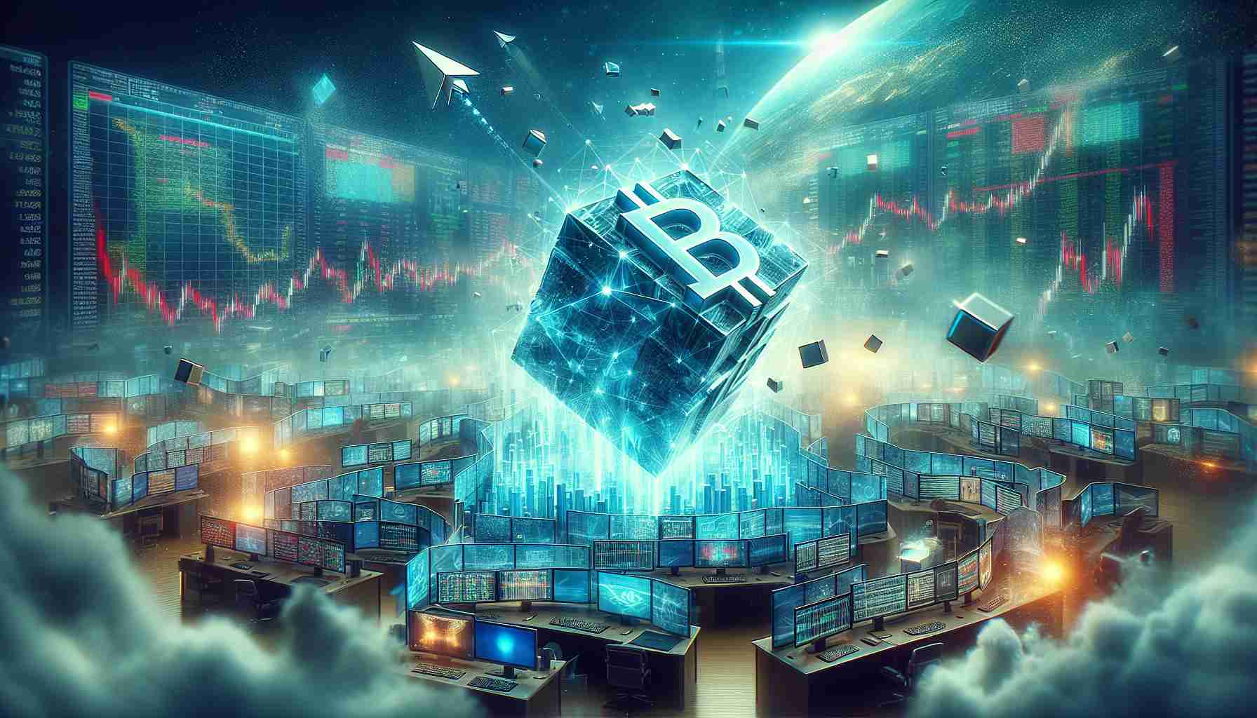 Create a hyper-realistic, high-definition image representing the concept of a new blockchain project emerging victorious amidst a turbulent financial market. Please depict a digital, visualization of a blockchain, symbolizing the new project, soaring towards the sky signifying its rise, while the background portrays a stock market with its screens and charts showcasing turmoil. Use cool shades of blues and greens for the blockchain, juxtaposed against the warm reds of the market scene. Do not represent any specific logo or brand name in the blockchain figure.