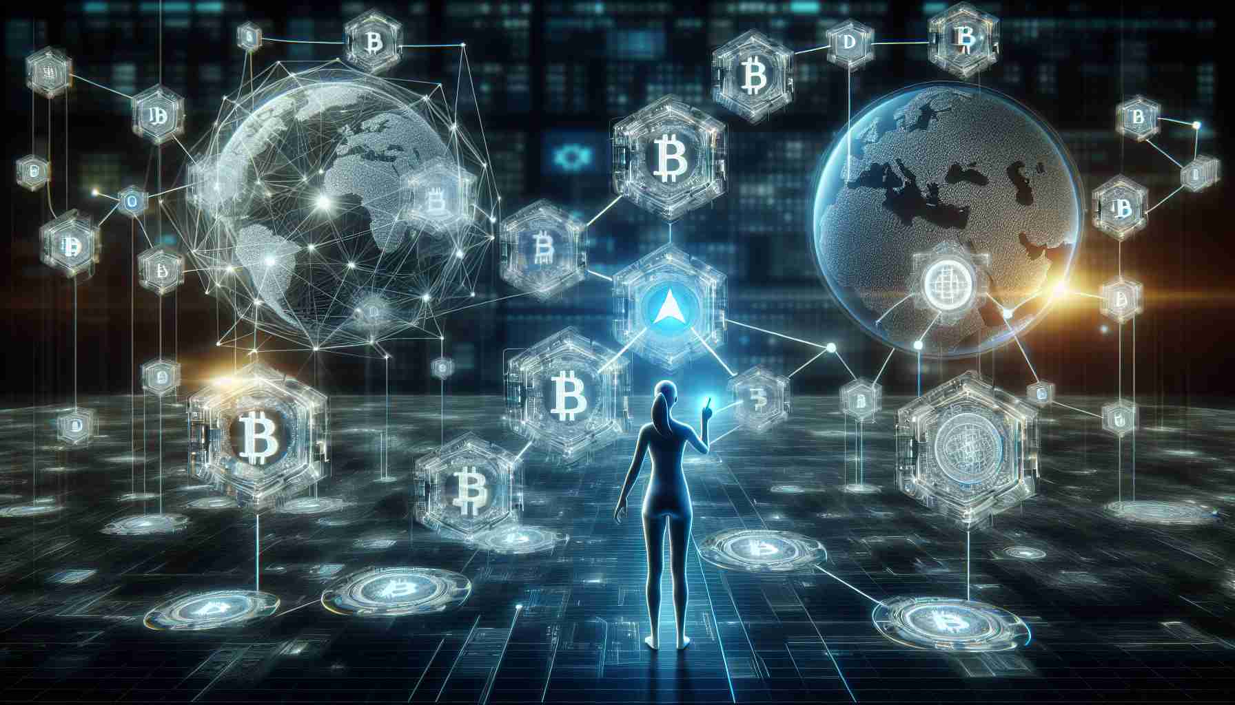 An ultra-high definition, realistic image showcasing the future of blockchain technology. This could include an array of digital symbols representing blockchain transactions, with futuristic holograms suggesting progression. In the scene, perhaps there is a human figure interacting with these holograms, selecting, and connecting blockchains. The figure could be an Asian woman, indicating gender and ethnic diversity. The setting for all of this might be a technologically advanced environment with a sleek, minimalist design.