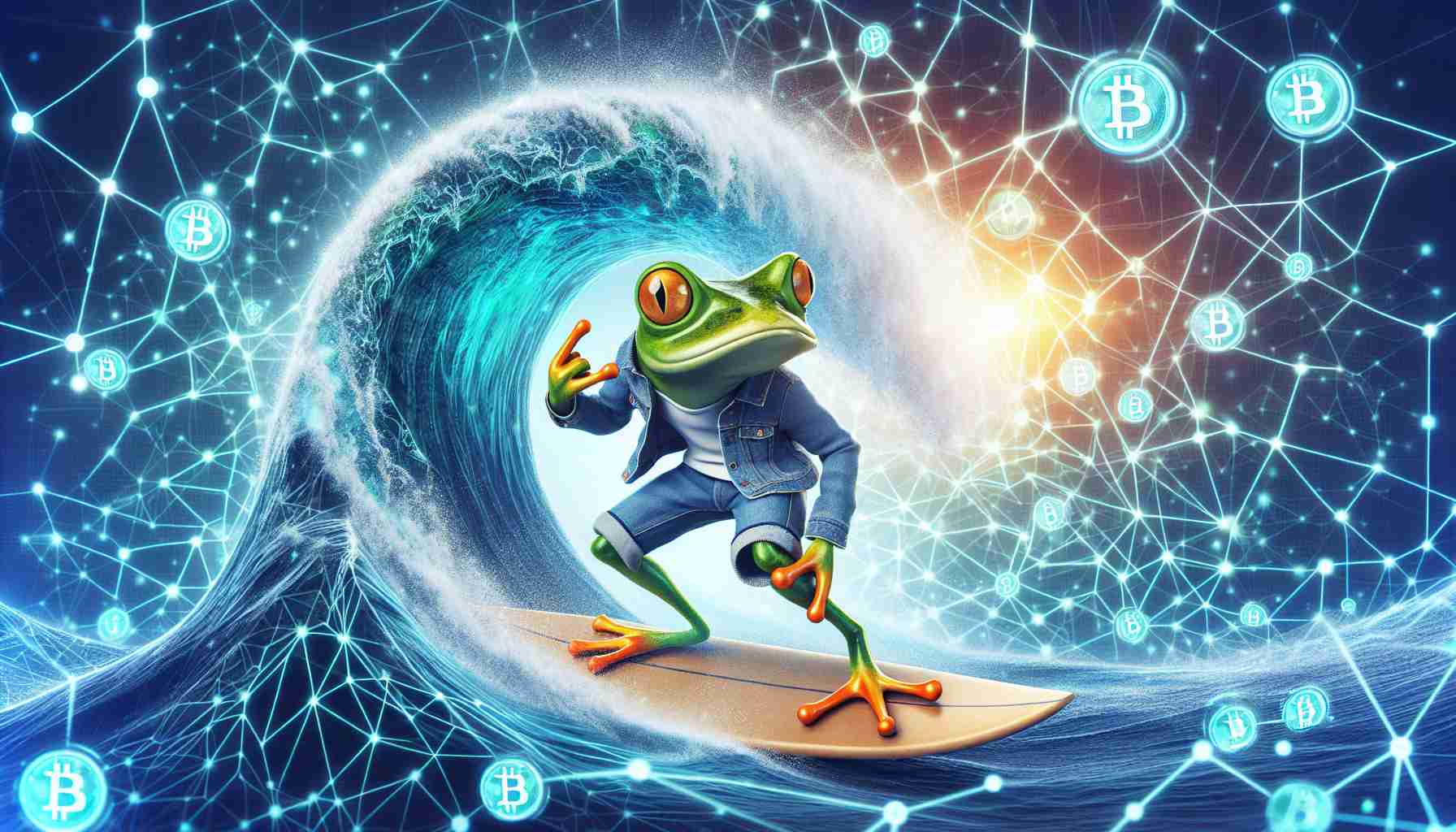 A detailed and real-looking image of a frog character. The frog is sporting a cool, adventurous look as he surprisingly rides a massive wave. Superimpose this scene on the backdrop of complex networks that glistens beautifully like a form of digital currency. This is a representation of the active and vibrant atmosphere of a high-activity digital currency network.