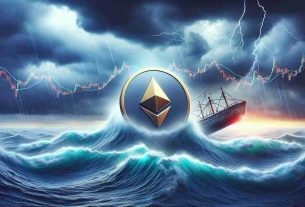 Create a high-definition realistic image that depicts an ethereal concept of future uncertainty amidst market turmoil. This image could be embodied in the form of a metaphor such as an Ethereum-logo coin or ship being tossed in a stormy sea with tumultuous financial graphs as waves. The sky should be distinctly ominous to represent the uncertainty of the situation.