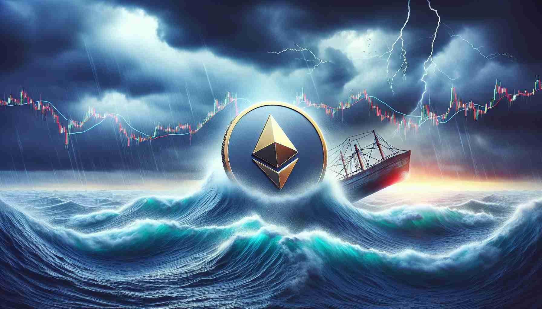 Create a high-definition realistic image that depicts an ethereal concept of future uncertainty amidst market turmoil. This image could be embodied in the form of a metaphor such as an Ethereum-logo coin or ship being tossed in a stormy sea with tumultuous financial graphs as waves. The sky should be distinctly ominous to represent the uncertainty of the situation.