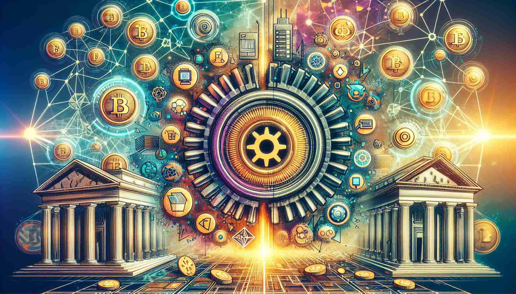 Generate an image symbolizing the concept of revolutionizing investment opportunities through decentralized finance. This could feature a graphic or surreal depiction of traditional banking being supplanted by digital icons representing blockchain, smart contracts, and other key components of decentralized finance (DeFi). High-definition and a fair degree of realism is desired. Details could include a symbolic representation of a revolution, such as a wheel or gear in motion, in conjunction with finance symbols such as coins, banking buildings, and complex networks demonstrating decentralization.