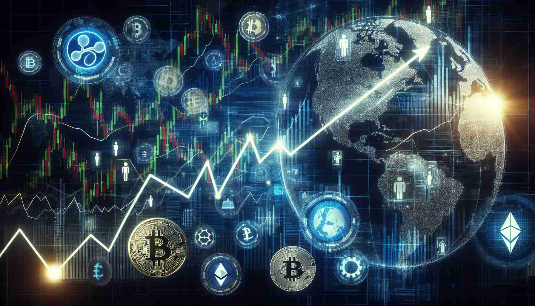 A high-resolution, realistic image depicting emerging trends in the cryptocurrency market. This can potentially include an upward trending line graph with numerous complex charts overlaying it, symbols of various cryptocurrencies like Bitcoin, Ether, Ripple, etc., and possibly a globe representing the global aspect of the trend. This abstract concept can also include people from diverse backgrounds engaging in cryptocurrency trading, suggesting a shift in the market.