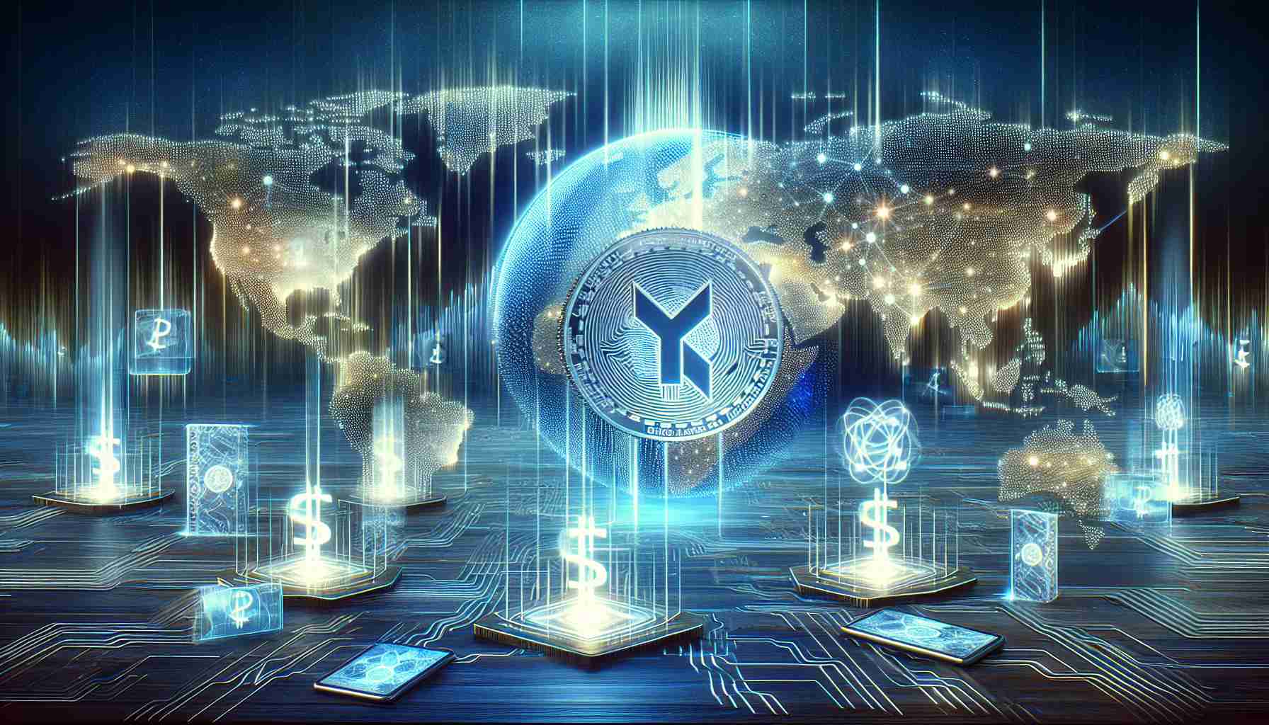 Generate a high-definition, realistic image depicting the concept of the cryptocurrency XRP revolutionizing global fund transfers. The scene should represent a futuristic digital landscape, with data streams and financial symbols flowing seamlessly across the globe. Additionally, include abstract depictions of digital wallets transacting XRP within this environment, symbolizing seamless international transactions.