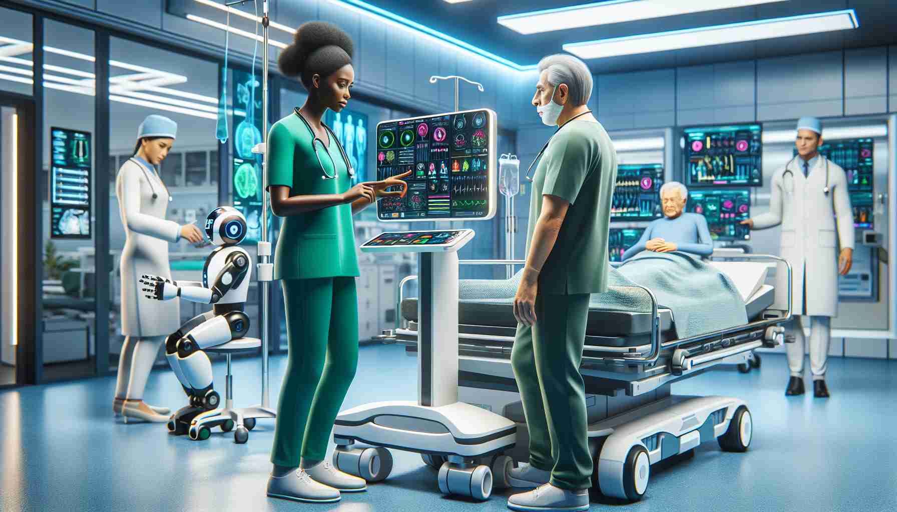 A high-definition realistic image showcasing advancements in healthcare efficiency. The scene features a brightly lit modern hospital room filled with state-of-the-art medical equipment. A Black female doctor in green scrubs is seen interacting with a touch screen displaying colorful medical data. Meanwhile, a Middle-Eastern male nurse is attending to a Caucasian elderly patient, efficiently doing check-ups with a handheld digital device. A robot assistant carrying medical supplies is also visible in the background, among other signs of modern healthcare technology.