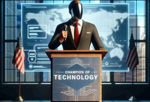 Realistic high definition image of an anonymous politician pledging to promote technological advancements, standing at a podium with a backdrop that says 'Champion of Technology'