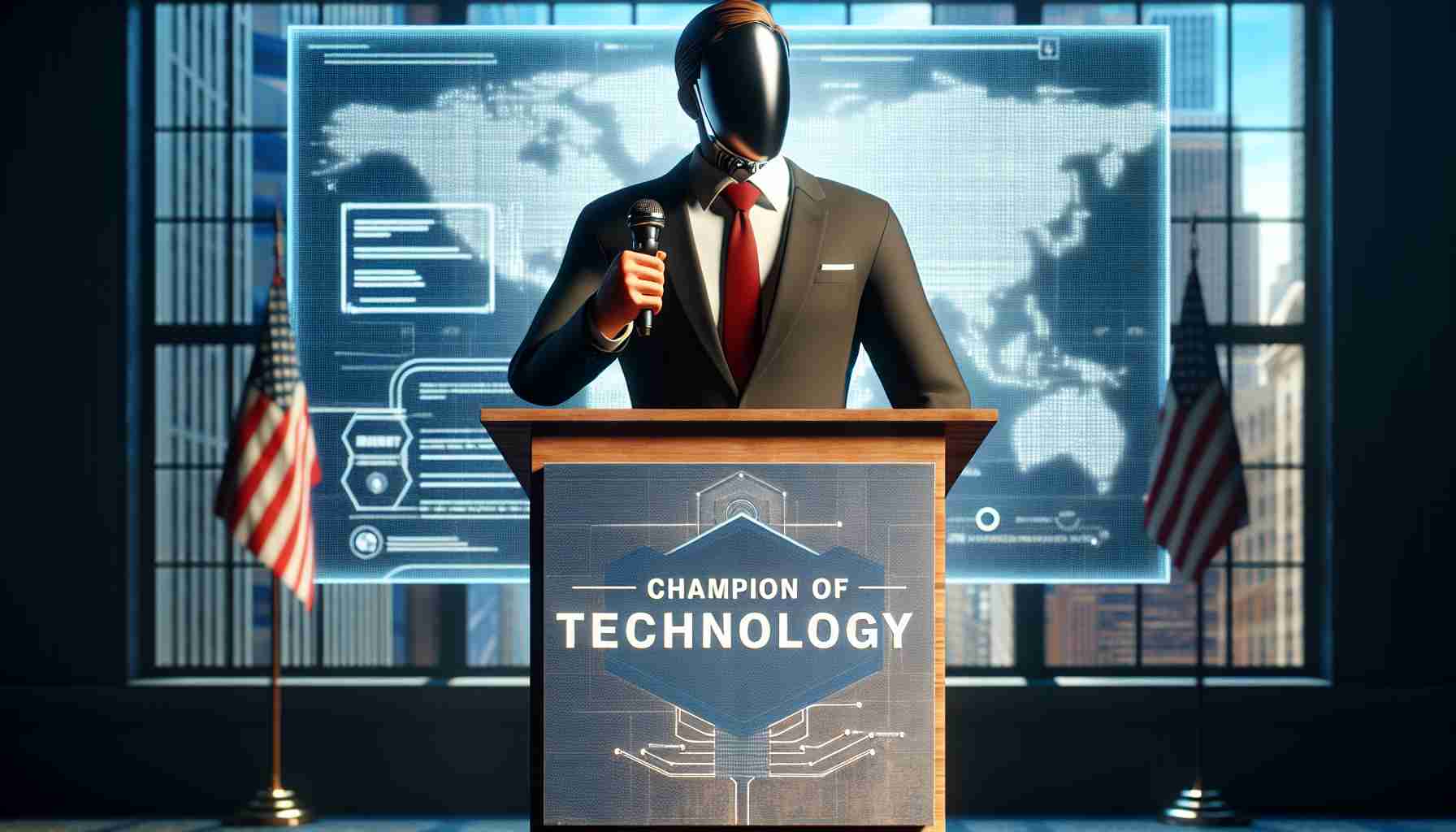 Realistic high definition image of an anonymous politician pledging to promote technological advancements, standing at a podium with a backdrop that says 'Champion of Technology'