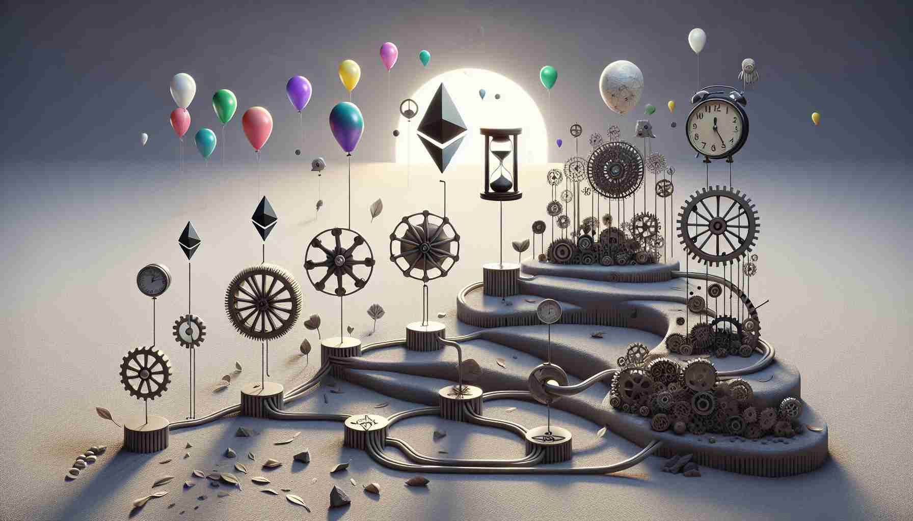 A high-definition, realistic representation of the evolution of Ethereum, depicted as a narrative journey. It could start from a basic concept, illustrated as a simple cog or machine, and progressively evolve into a complex network branching out into many directions. Intertwined with these images, represent metaphorically the missed expectations, maybe as deflated balloons or falling leaves. Incorporate symbols of time, such as clocks or hourglasses, to underscore the temporal aspect of Ethereum's evolution.