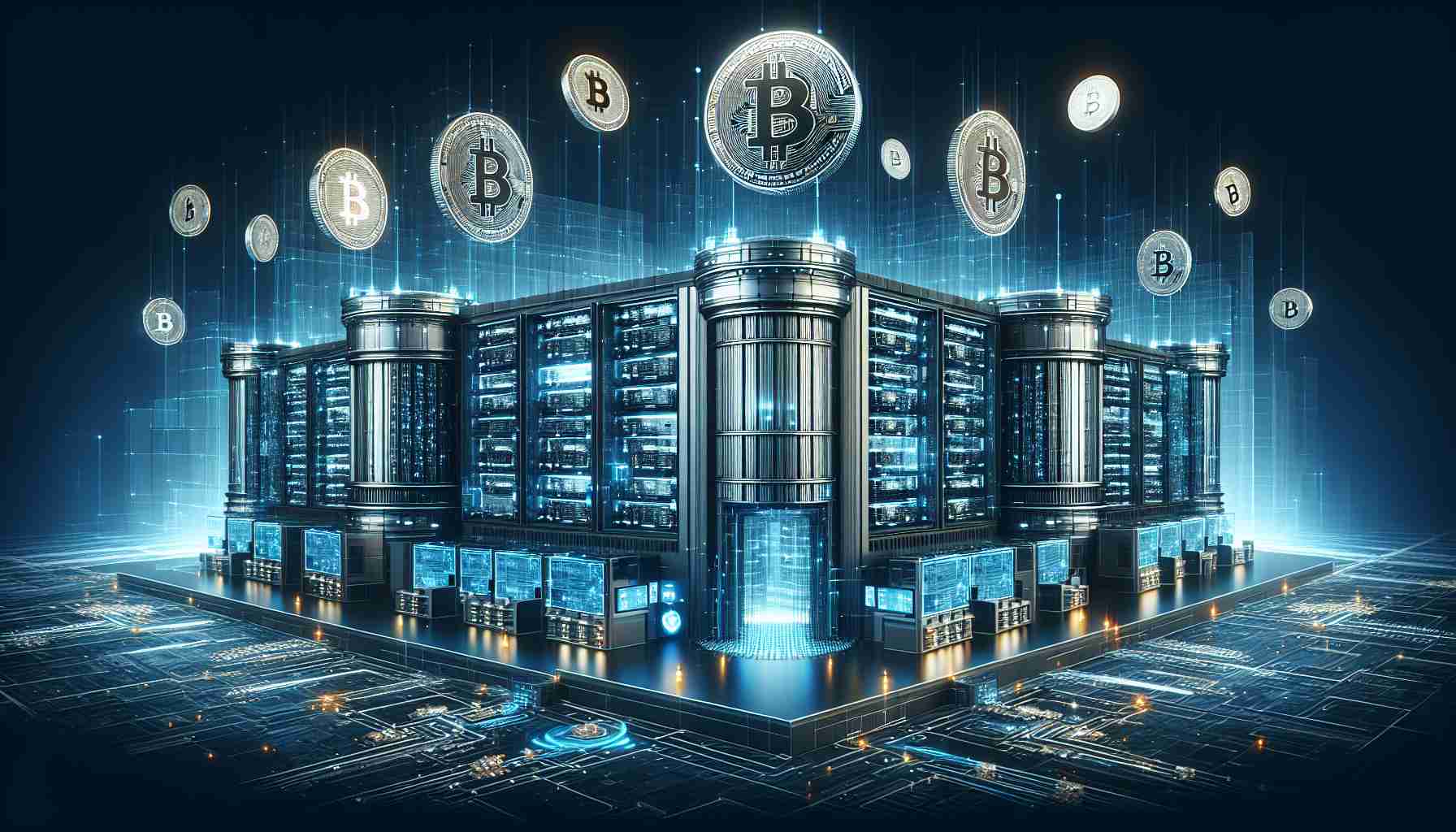 Generate a realistic, high-definition depiction of a new cryptocurrency exchange infrastructure. The design should reflect innovative financial solutions while illustrating key elements of bolstered cybersecurity to combat potential challenges. The architecture should be futuristic and the scene should be imbued with a sense of digital tech sophistication. Bitcoins and other cryptocurrencies should be symbolized in a way to show they're being traded.