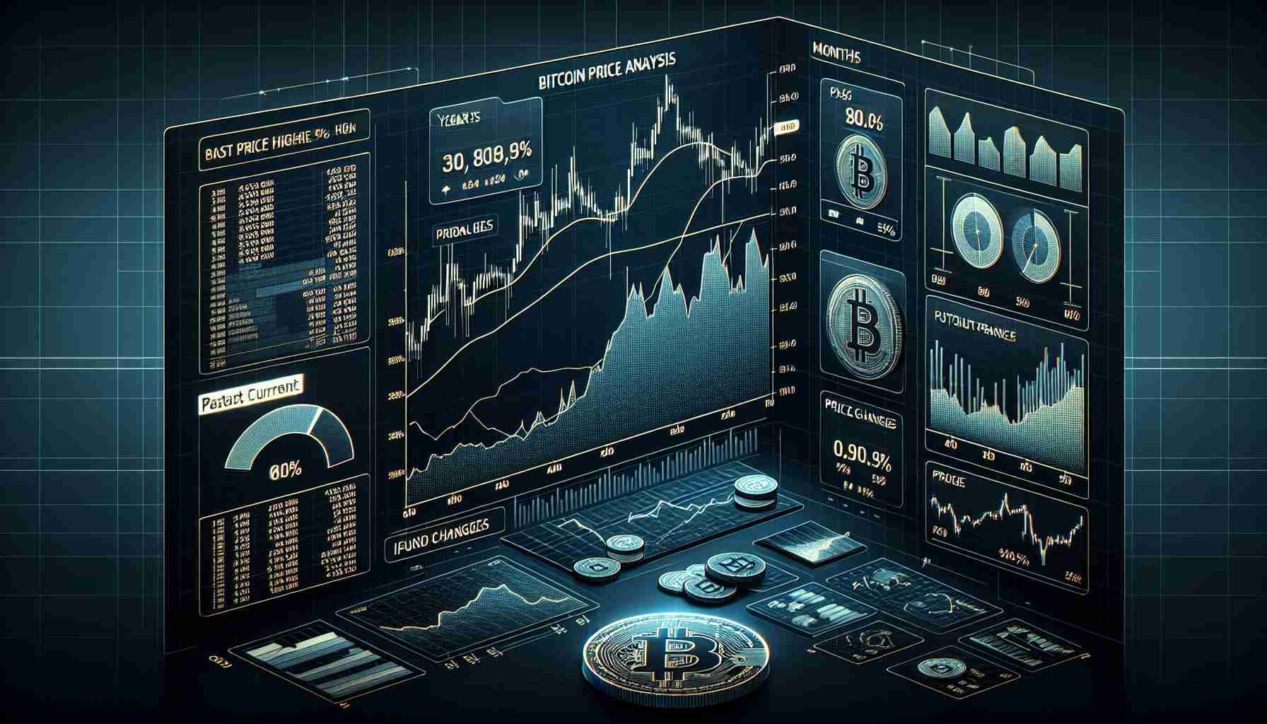 Generate a detailed, realistic HD graphic showing a Bitcoin price analysis, including line graphs, bar charts, or pie charts to visualize and project past, current, and future valuations. It should include specific years, months, percentage changes, and important price points—such as highs and lows highlighted. The design needs to be professional-looking, with a modern and sleek style, possibly with a dark theme for clarity and impact but the colors should be appealing and informative.