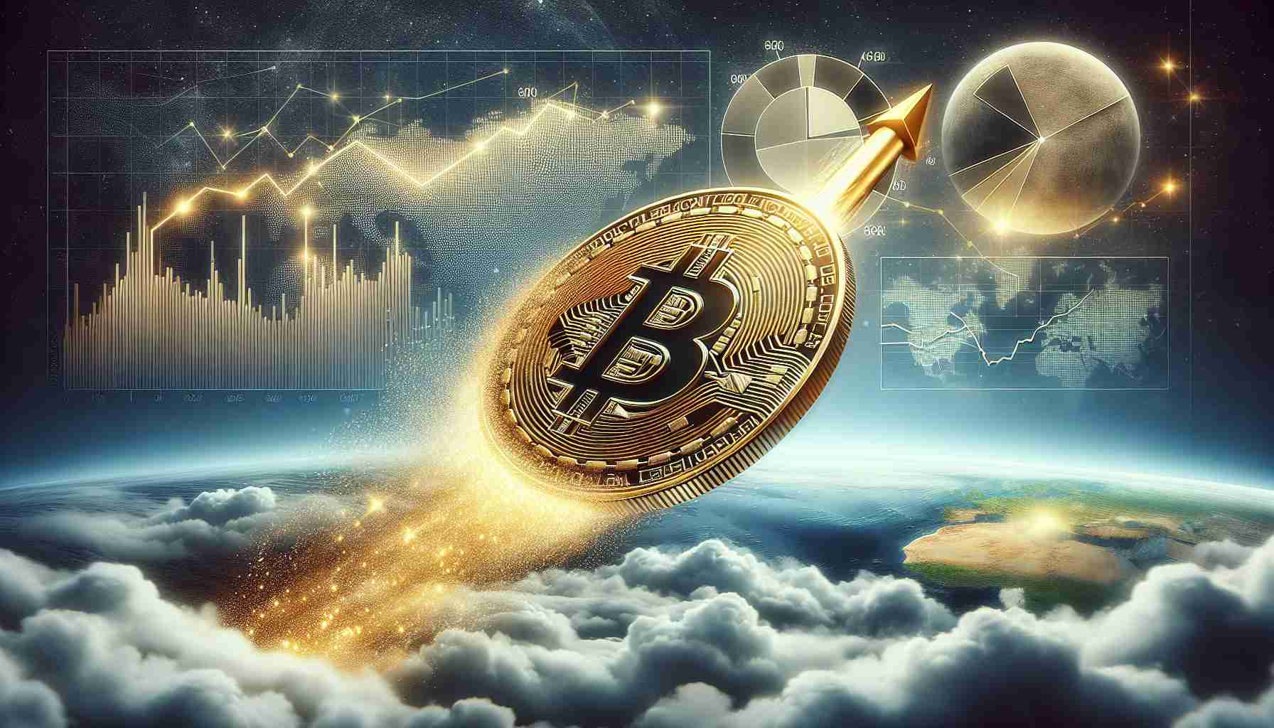 A highly detailed image that depicts Bitcoin reaching new heights against the backdrop of global economic anticipation. The main focus is a sleek, golden Bitcoin coin that's soaring upwards in a dynamic manner. It pierces through a layer of fluffy clouds, signifying its tremendous rise. The coin leaves behind a trail of sparkling stardust, indicating its high speed. In the background, an abstract representation of the world's economy is present, hinting at the interconnection between Bitcoin’s surge and global economies. This could be an array of line graphs, pie charts, and world maps in muted tones, suggesting a sense of apprehension and expectation.