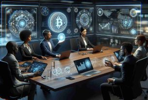 A realistic, high-definition image depicting a conference room scenario focused on exploring the future of cryptocurrency. There are five key experts present. On one side, an African woman, computer scientist, and a Caucasian man, financial analyst, firmly hold a holographic crypto coin. On the other side of the table, a Black man, economist, and a Middle-Eastern woman, blockchain developer, are focused on data and charts on their digital screens. In the center of the table, a futuristic 3D model of a blockchain network adds substance to their discussion. The room illustrates a sophisticated atmosphere with modern technology tools.