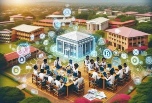 Create a realistic high-definition image representing the concept of exploring blockchain innovation in Nigerian universities. This image could include a variety of visual elements, such as African students engaging in intellectual conversations and teamwork around a big table filled with laptops and paperwork, visual representations of blockchain diagrams and codes, and the background setting being a vibrant Nigerian university campus adorned with local architecture and lush greeneries.