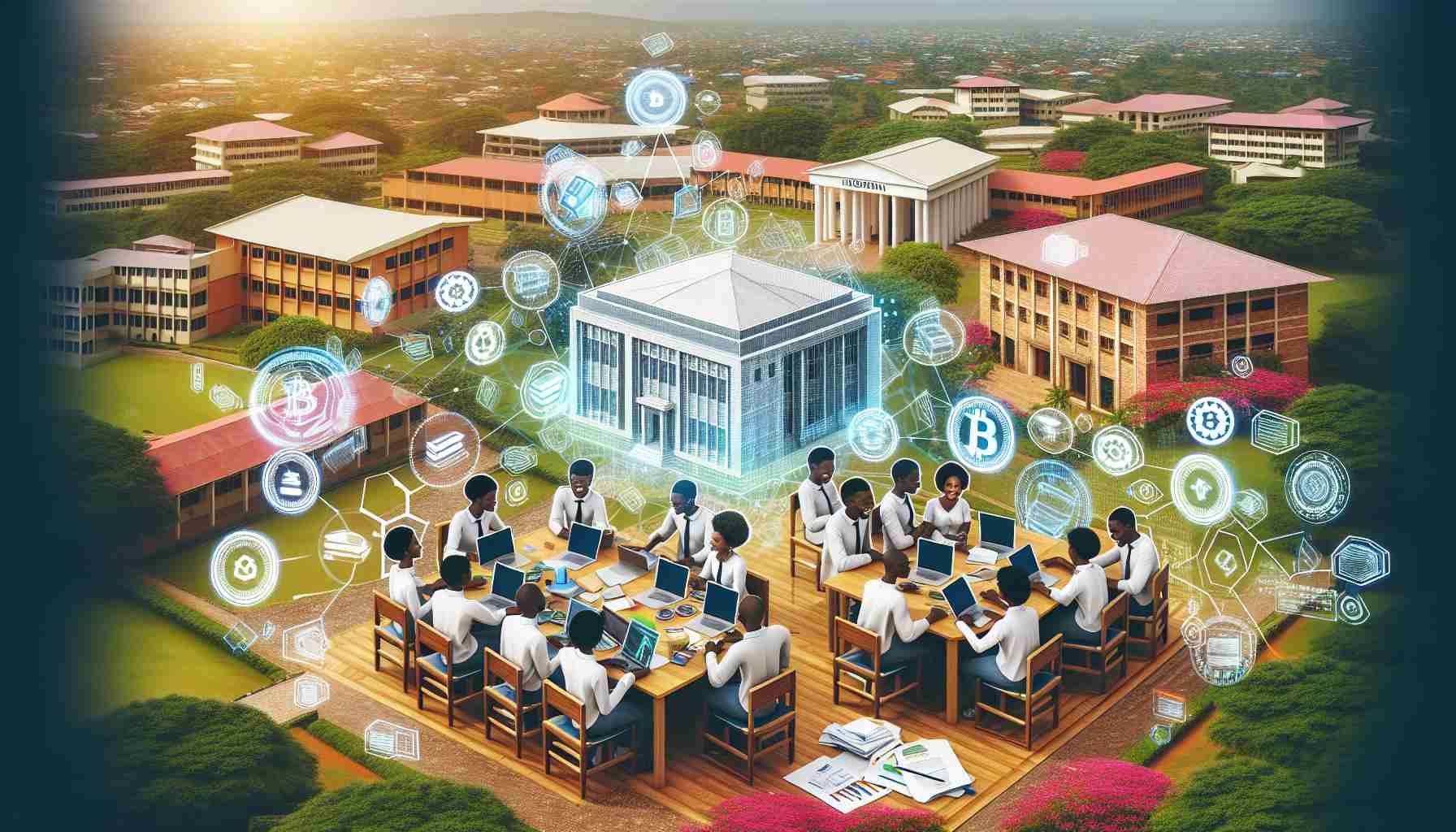 Create a realistic high-definition image representing the concept of exploring blockchain innovation in Nigerian universities. This image could include a variety of visual elements, such as African students engaging in intellectual conversations and teamwork around a big table filled with laptops and paperwork, visual representations of blockchain diagrams and codes, and the background setting being a vibrant Nigerian university campus adorned with local architecture and lush greeneries.