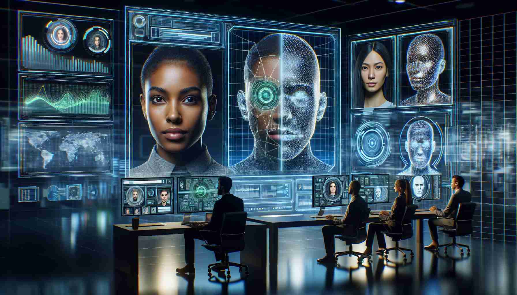 Generate a high-definition, realistic representation of a futuristic technology company introducing their cutting-edge facial recognition software. The image could feature a sleek and modern interface with elaborate data analytics graphics, a live feed showing facial detection in process, and insets of enhanced, computer-generated human face models indicating points of recognition. Include a diverse group of professionals – a Caucasian man, a Black woman, a Hispanic woman and a Middle-Eastern man – monitoring and demonstrating the technology.