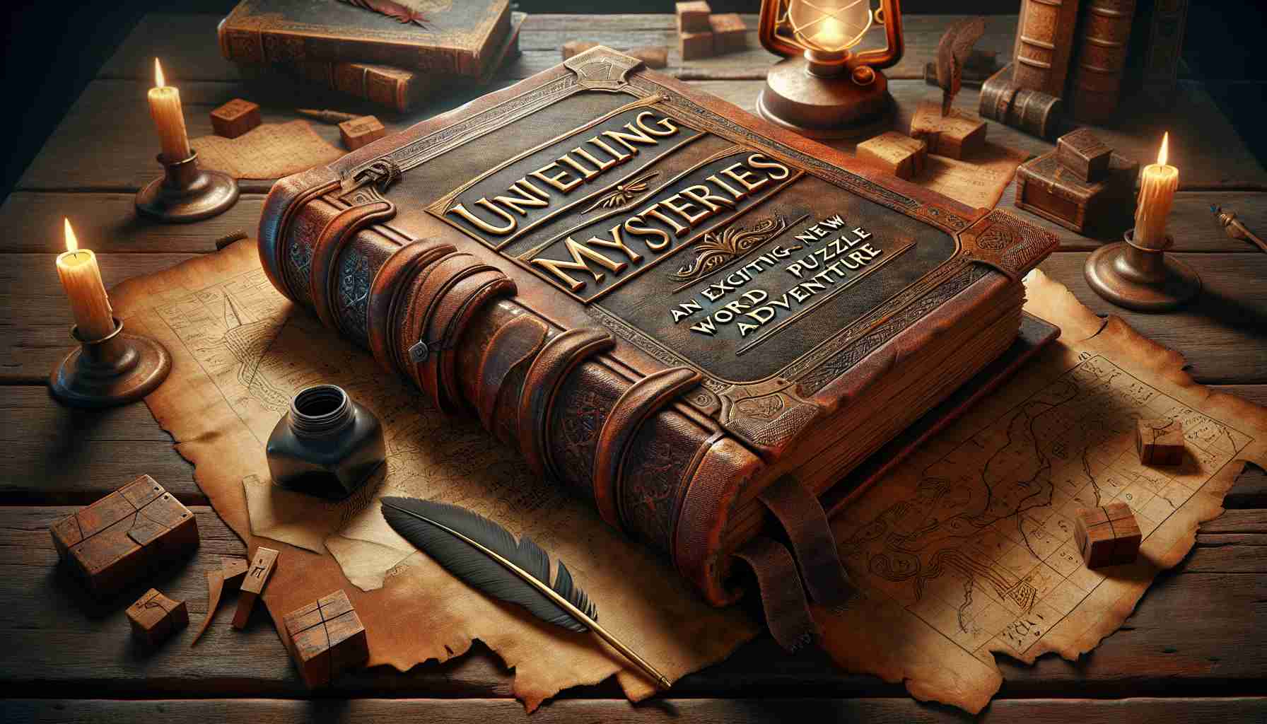 A highly detailed and realistic HD image representing the concept of 'Unveiling Mysteries: An Exciting New Word Puzzle Adventure'. Picture a big, old, leather-bound book with an air of mystery around it. The book lies on an ancient wooden table, with a quill and ink pot nearby signifying the word puzzle aspect. There are faded maps and cryptic symbols scattered around, indicating the adventurous theme. The overall setting could be inside an antiquated library or study room, lit dimly with a hanging lantern or candlelight, adding a further touch of suspense and excitement.