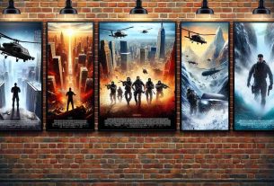 Create a vivid, high-definition image of five movie theater posters hanging side by side on a brick wall. Each poster represents a thrilling action movie. From left to right, the first poster features an urban setting during night time, under siege with high tech stealth helicopters; the second poster shows an explosive car chase through a sun-drenched desert; the third displays a gritty hand-to-hand combat scene atop a snow-capped mountain; the fourth exhibits a dramatic stand-off between rival spies in the middle of a bustling city; and finally, the fifth charts an intense underwater escape from a sinking submarine.