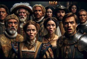 A realistic high definition image of a group of medieval fantasy drama actors gathered in a dimly lit setting, expressing curious surprise. Each of them mirrors the look of being unaware or unexpectedly surprised about future plot developments. They should appear as though they've been transported directly from an epic drama set in a fictitious old continent, wearing detailed traditional period costumes: one nobleman with ornate robes, a lady of court with intricate gowns, and a grizzled warrior in worn-out armor. The individuals should represent a diverse range of ethnicities, such as Caucasian, Hispanic, and Middle-Eastern.