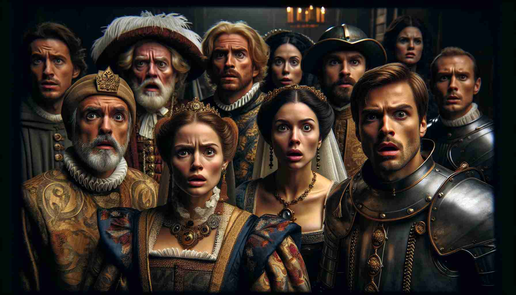 A realistic high definition image of a group of medieval fantasy drama actors gathered in a dimly lit setting, expressing curious surprise. Each of them mirrors the look of being unaware or unexpectedly surprised about future plot developments. They should appear as though they've been transported directly from an epic drama set in a fictitious old continent, wearing detailed traditional period costumes: one nobleman with ornate robes, a lady of court with intricate gowns, and a grizzled warrior in worn-out armor. The individuals should represent a diverse range of ethnicities, such as Caucasian, Hispanic, and Middle-Eastern.