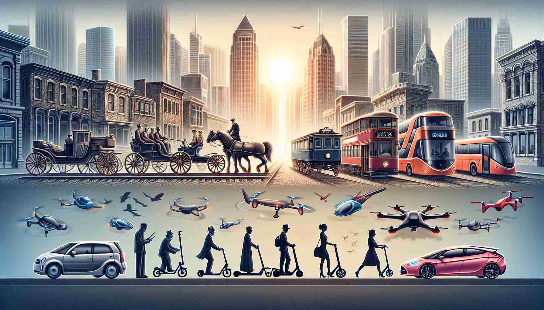 Illustrate the evolution of urban mobility in a high definition and realistic style. The image should start with older forms of transportation like horse-drawn carriages and trains, evolving towards modern solutions like cars, buses and trams. Then, depict the latest innovations like e-scooters, self-driving cars, and drones. Make sure each era of transportation is clearly separated but smoothly transitioning to the next. The city in the background should also evolve, from old stone buildings to glass and steel skyscrapers, reflecting the technological progress. Additionally, show diverse individuals using these various modes of transport.