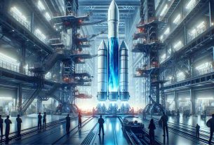 Generate a high definition image depicting an innovative scene of rocket stage handling. It should be set in a modern spaceport with robotic machinery precisely maneuvering the different stages of a space rocket. The majestic rocket is white with vibrant streaks of blue. The background is filled with complex machinery and high-tech equipment. Engineers of both genders and all races are seen in the setting, showcasing a blend of manual and automated processes in assembling the rocket, hailing from Hispanic, Caucasian, Black, Middle-Eastern, White and South Asian descents.