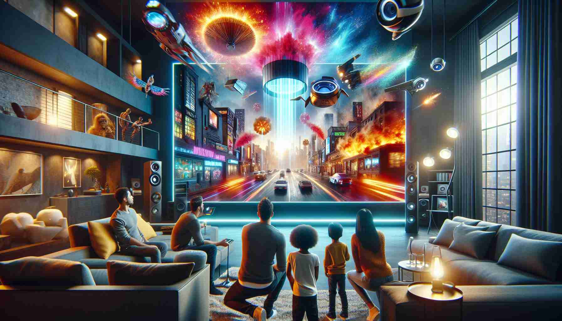 Imagine a high definition, realistic image depicting the innovation and revolution in home entertainment. It's a new age of viewing experiences. The focal point is an ultra-modern living room setup. A sleek television screen illuminates the room with vibrant colors emanating from a ground-breaking blockbuster movie. Innovative gadgets like a VR headset, a state-of-the-art surround sound system, and mood lights add to the immersive experience. A family of four, a Hispanic father, an Asian mother, a Middle-Eastern daughter, and a Black son, seems awestruck, completely captivated by the advanced technology in their hands.