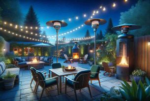 Take a stroll through this virtual patio with 3 different outdoor heaters to help you choose the perfect one. To the left, a modern, cylindrical propane patio heater throwing a warm glow over a sleek outdoor dining set. In the middle, an infrared, wall-mounted heater casting its warmth over a cozy lounging nook with comfortable patio furniture. To the right, a charming wood-burning fire pit surrounded by Adirondack chairs, accentuated by twinkling patio lights strung overhead. Green foliage surrounds the patio and a cobalt blue evening sky is above. All rendered in high-resolution, photographic realism.