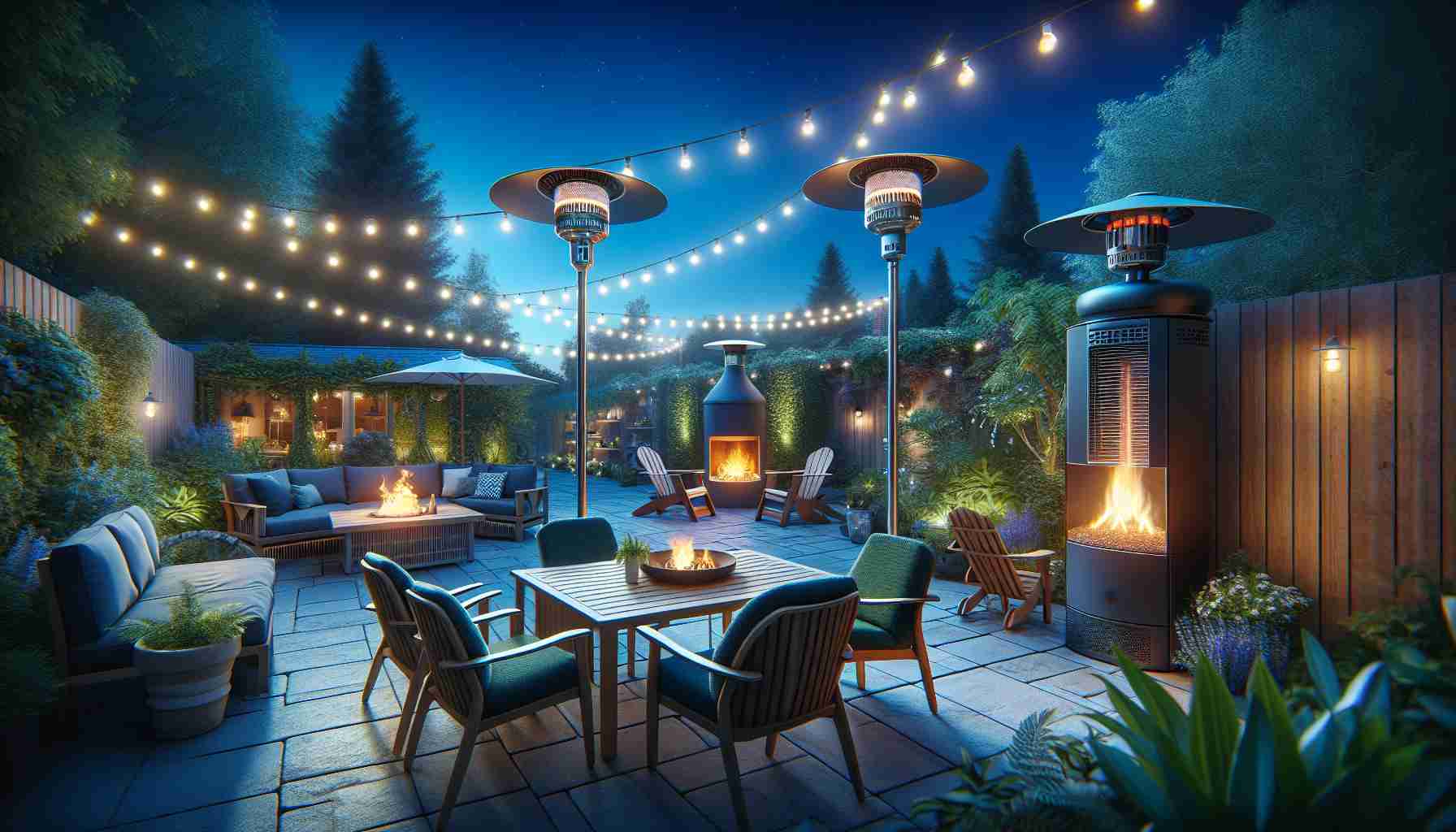 Take a stroll through this virtual patio with 3 different outdoor heaters to help you choose the perfect one. To the left, a modern, cylindrical propane patio heater throwing a warm glow over a sleek outdoor dining set. In the middle, an infrared, wall-mounted heater casting its warmth over a cozy lounging nook with comfortable patio furniture. To the right, a charming wood-burning fire pit surrounded by Adirondack chairs, accentuated by twinkling patio lights strung overhead. Green foliage surrounds the patio and a cobalt blue evening sky is above. All rendered in high-resolution, photographic realism.