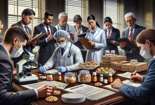 Detailed and realistic image representing an investigation being launched into a nationwide food safety scare. The scene should include multiple representatives from different professional backgrounds gathered around a table filled with documents and small food samples. These representatives might include a Caucasian male scientist examining some of the food under a microscope, a South Asian female lawyer examining legal documents, a Hispanic male public health official speaking on a phone, and a Middle-Eastern female journalist jotting down notes. An emphasis on worry and urgency in their expressions and movements should hint at the seriousness of the situation.