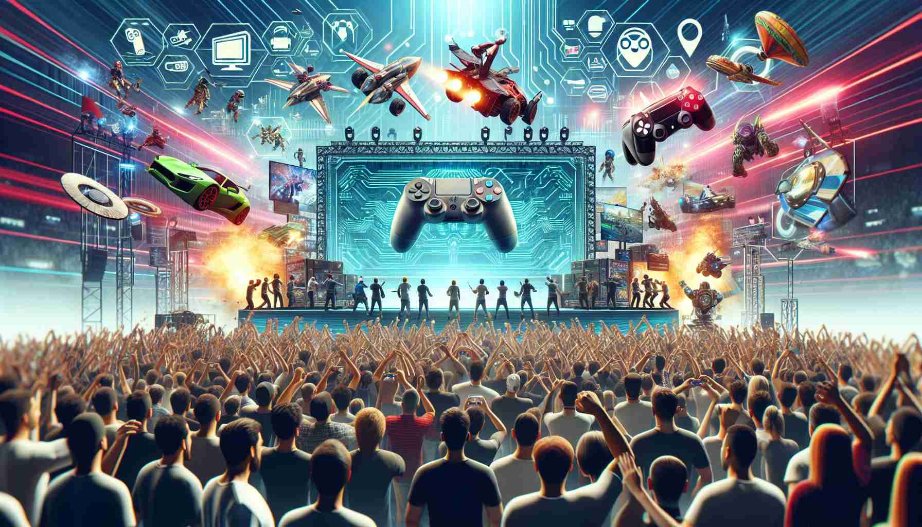 Generate a high-definition, realistic image representing an exciting event in the world of video gaming. It could illustrate an energetic crowd at a gaming convention or a major e-sports tournament, people huddled around a game console or computer screen in anticipation, or even the unveiling of a next-gen gaming console. Various graphics related to popular types of video game genres like racing, action, and role-playing should also be depicted in the background. Please make sure to not mention or include any copyrighted characters or games.