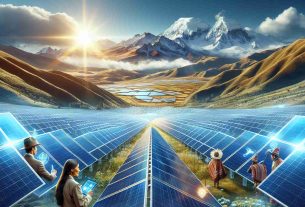 A high-definition, hyper-realistic image representing Bolivia's embrace of renewable energy sources. Picture a vast solar farm, with row after row of blue-tinted solar panels reflecting the radiant sunlight. The Andean landscape serves as a backdrop, with its snow-capped mountains and deep green valleys. Local Bolivian individuals, including a Hispanic woman engineer surveying the scene with a tablet in hand, and an indigenous man in traditional attire observing the progress of his homeland, populate this image, resembling the multicultural society of the country.