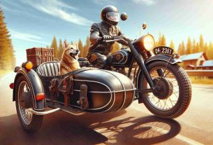 Produce a realistic high-definition image capturing the joy of exploring the world of motorcycle sidecars specifically designed for dogs. Show a motorcycle with a sidecar attached, comfortably conformed to suit a dog. The scene should be set outdoors on a sunny day with the promise of adventure at every turn. The dog can be of any breed, be sure to depict it excitedly looking out of the sidecar, savoring the rush of the journey. Also, infuse the image with biker ethos and aesthetic – leather jackets, helmets, etc.