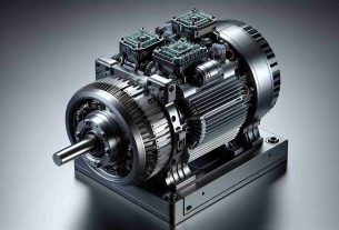 Render a high-definition, realistic image that depicts the concept of revolutionizing the efficiency of electric motors through innovative technology. This could be symbolized by a sleek modern design of an electric motor with incorporations of technological advances, such as integrated circuits, power electronics, or artificial intelligence algorithms designed to optimize power consumption. The scene should represent the idea of groundbreaking changes in the field of electric motor design, reflecting the intersection of hardware and software advancements.