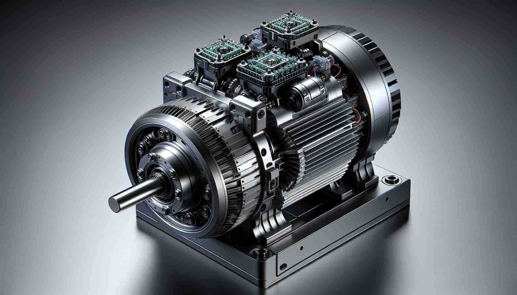 Render a high-definition, realistic image that depicts the concept of revolutionizing the efficiency of electric motors through innovative technology. This could be symbolized by a sleek modern design of an electric motor with incorporations of technological advances, such as integrated circuits, power electronics, or artificial intelligence algorithms designed to optimize power consumption. The scene should represent the idea of groundbreaking changes in the field of electric motor design, reflecting the intersection of hardware and software advancements.