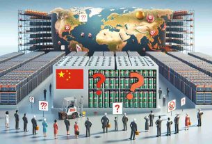 Create a realistic, high-definition image depicting the idea of growing worries regarding the dominance of Chinese batteries in the US energy storage industry. The scene should include a large scale energy storage unit filled with batteries, a world map with China and the USA highlighted, and symbols of concern like worried expressions, furrowed brows, and question marks. The batteries should have a label to suggest they are made in China, but it should not target any specific company or person. The characters in the scene should include people of various descents and genders, reflecting the diversity of stakeholders in the industry.