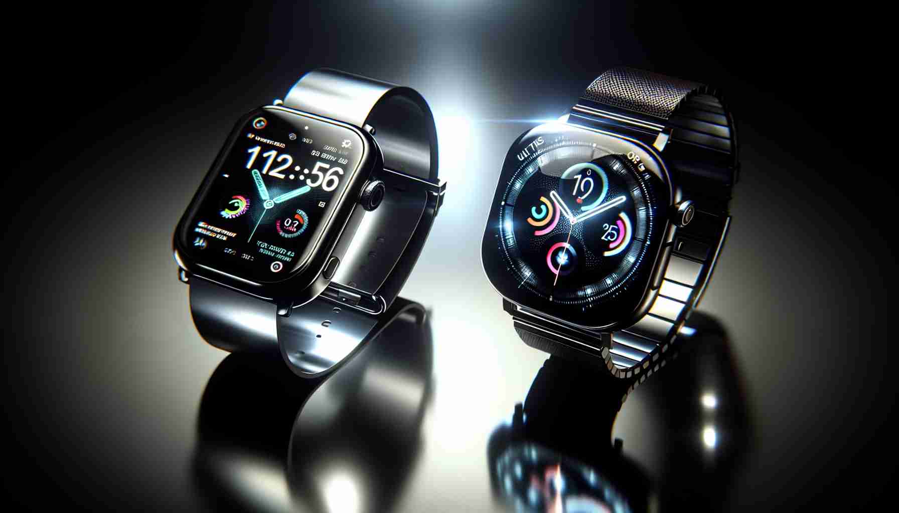 A high-definition, realistic image that showcases two smartwatches side by side for comparing. The smartwatch on the left is a tenth-generation one, sleek and modern, with a square shape and silver body. Its interface brightly lit, showing a myriad of innovative features and functions. The smartwatch on the right is the Ultra Edition, luxurious and stylish, with round edged shape and black body. Its screen displaying cutting-edge functions and splendid style. Reflections subtly highlight the contrasting designs and functionality of these smartwatches.