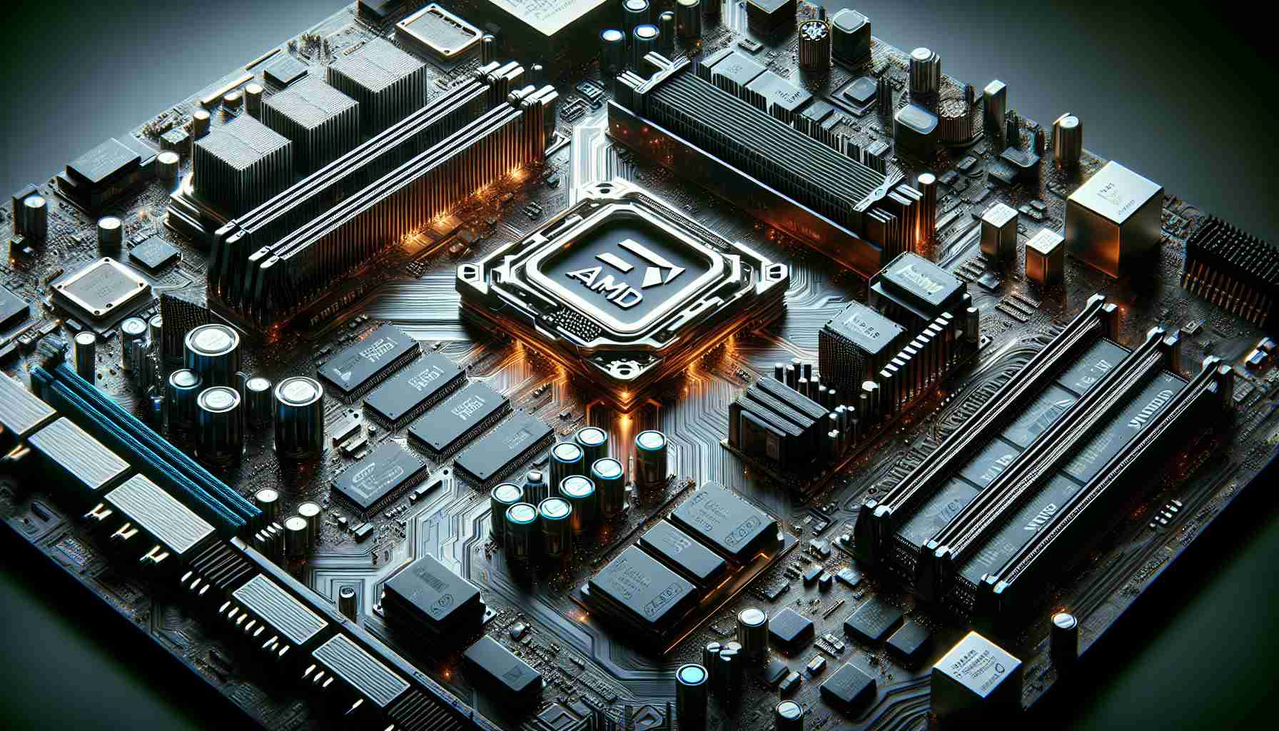 Create a detailed, realistic image showcasing the latest advancements in AI hardware technology. Picture a complex motherboard with high-tech processing units, RAM chips, various ports, and much more, all representing the future of AI development. The motherboard should have an AMD logo prominently displayed, signifying the technological prowess of the chip designer. The image should be HD, with intense colors, sharp lines, and clear textures, presenting a visual feast of cutting-edge technology.