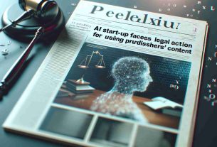 A realistic, high-definition image showing the front page of a digital newspaper. The headline reads, 'AI Start-up Perplexity Faces Legal Action for Using Publishers’ Content'. The article is followed by a general body of text blurring into the background. There should be a photo of court documents or a generic legal symbol, like a gavel or the scale of justice. Also include a simple logo representing the AI start-up Perplexity. The style should be contemporary, representing the digital age.