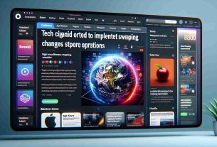 Realistic high-definition image of a screen displaying an online news article. The headline reads 'Tech Giant Ordered to Implement Sweeping Changes to App Store Operations'. The page also includes sections with related stories, ad banners, and a navigational sidebar. The article is enriched with relevant stock images depicting digital transformations and strategic operational changes.