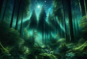 Generate a high-definition, realistic image showcasing an Enchanted Forest. The scene should embody mystery and allure, with lush, emerald-green trees reaching high into a glistening midnight sky that's dotted with stars. Ethereal rays of moonlight manage to break through the dense canopy, casting light on the forest floor that's teeming with various flora. This magical landscape is quietly animated with subtly moving leaves, the gentle rustle of the wind, and the distant, soft glow of what might be magical creatures going about their nightly routines.