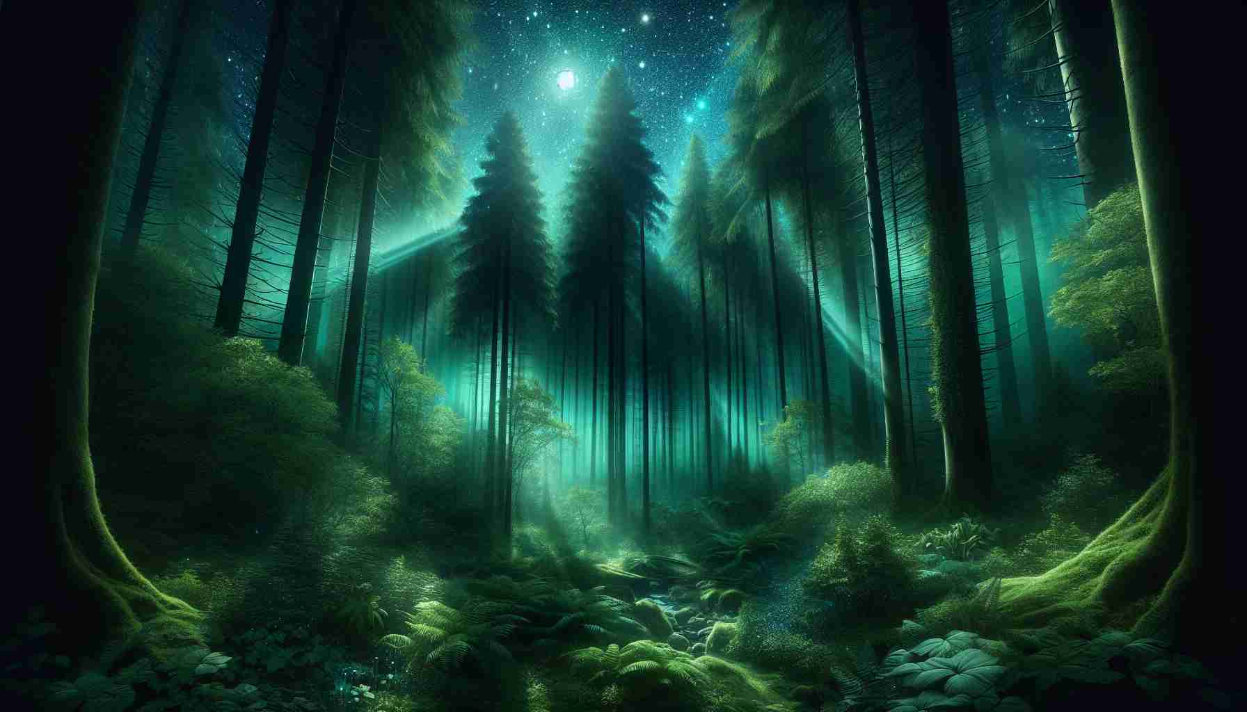 Generate a high-definition, realistic image showcasing an Enchanted Forest. The scene should embody mystery and allure, with lush, emerald-green trees reaching high into a glistening midnight sky that's dotted with stars. Ethereal rays of moonlight manage to break through the dense canopy, casting light on the forest floor that's teeming with various flora. This magical landscape is quietly animated with subtly moving leaves, the gentle rustle of the wind, and the distant, soft glow of what might be magical creatures going about their nightly routines.